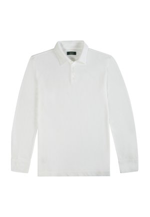 Witte langärmelige polo shirt van zacht katoen, met een klassieke kraag en drie-knoopsluiting, gladde textuur, zonder patronen.