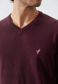 Suéter de pico en tela de punto morado oscuro con bordes acanalados. Presenta un pequeño logo de pájaro bordado en rosa en el área del pecho izquierdo.