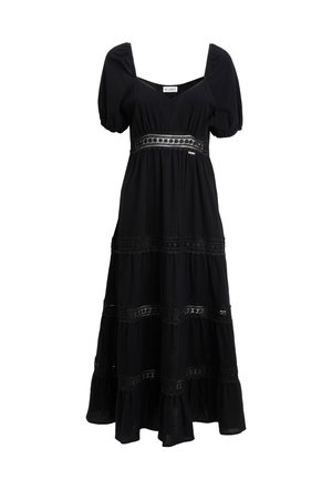 Robe maxi noire avec manches bouffantes, encolure carrée et détails en dentelle à la taille et aux sections de la jupe à volants.