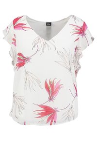Blusa bianca con scollo a V e maniche corte a sbuffo, decorata con motivi floreali rosa e contorni grigio chiaro. Tessuto morbido.