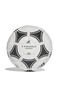 Pallone da calcio bianco con accenti neri, caratterizzato da un design a motivi, con marchio "TANGO ROSARIO" e contrassegnato come taglia 5. Realizzato in materiale sintetico.