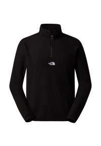 Pullover in pile nero a maniche lunghe con zip a quarti e logo bianco The North Face centrato sul petto.