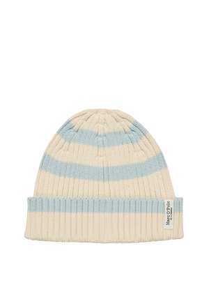 Gebreide muts met crème- en lichtblauwe strepen. Voorzien van een geribde band en een genaaide label aan de zijkant. Zachte textuur, cilindrische vorm.