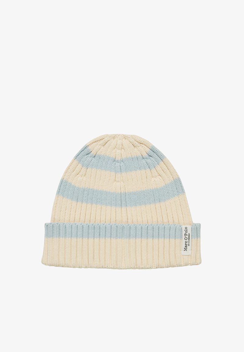 Knit beanie in cream and light blue stripes. Features a ribbed band and a sewn label on the side. Soft texture, cylindrical shape.