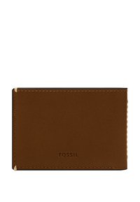 Portefeuille en cuir marron avec une texture lisse, présentant un bord cousu et un logo "FOSSIL" en relief. Design élégant et mince avec une forme rectangulaire.