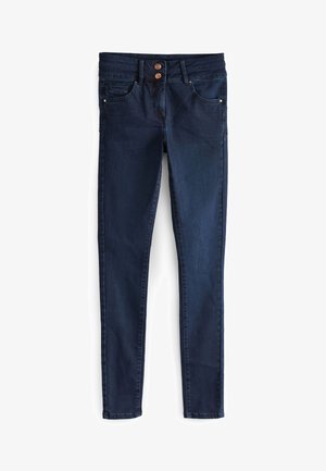 Tumedat sinised denim skinny teksad keskmise kõrgusega vöökoht, kaks esist taskut ja pronksi tooni nupud. Sile tekstuur ja liibuv disain.