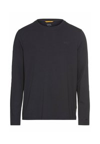 Langarm, crewneck shirt in donker marineblauwe stof. Heeft een subtiele logo op de borst en contrasterende oranje details bij de halslijn.