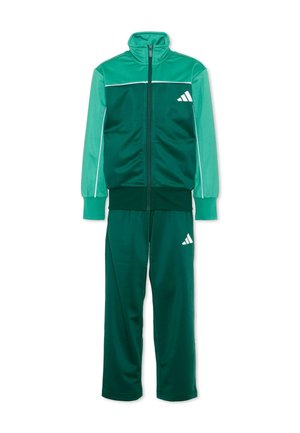 Tuta sportiva bicolore verde per bambini con giacca con zip frontale completa e pantaloni a vita elastica, con logo bianco sul petto e sulla gamba.