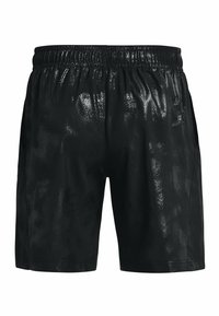 Zwarte sportieve shorts met een glanzende afwerking, elastische tailleband en zijzakken. Gemaakt van synthetisch materiaal, met een gladde textuur.