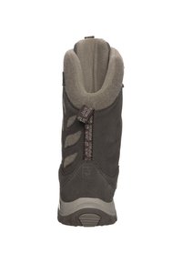 Grå vattentät stövel med mjukt innerfoder, texturerad yta, flexibla sidofack och kontrasterande gummisulor. Märkskylt synlig på baksidan.