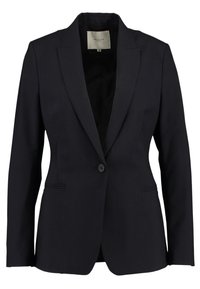 Mörkblå blazer med slagkrage, enkel knappstängning och två sidofickor. Tillverkad av ett draperat tyg med skräddarsydd passform.