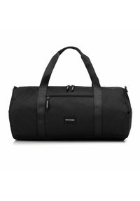 Borsa a duffel nera realizzata in tessuto resistente, dotata di due manici superiori, una tasca frontale con zip e un badge del logo sul lato.