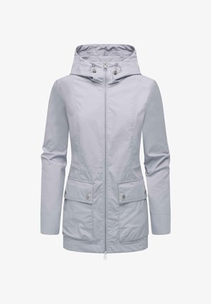 Hellgraue zip-up Jacke mit Kapuze, zwei Vorderaschen und Kordelzug-Details. Glatte Textur und taillierte Passform.