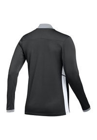 Schwarzes Langarmshirt mit grauem Kragen, ausgestattet mit weißen Seitenpaneelen und einer glatten Textur. Entwickelt für Komfort und Flexibilität.