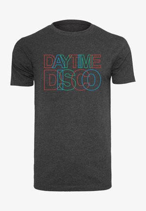Dark gray t-shirt featuring the text "DAYTIME DISCO" in red, green, and blue outlined fonts. Short sleeves and round neckline.