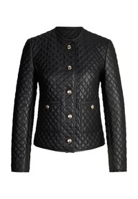 Czarna pikowana kurtka z długimi rękawami, okrągłym kołnierzem, dwoma przednimi kieszeniami i sześcioma błyszczącymi, złotymi guzikami z przodu.