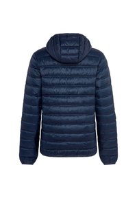 Navy blue quilted puffer jacket with long sleeves and attached hood, shown from the back on a white background.