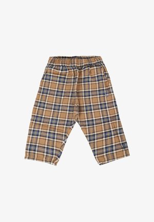 Pantalons élastiques à taille en carreaux marron et bleu, avec poches latérales et un petit logo brodé sur une jambe, posés à plat sur un fond blanc.