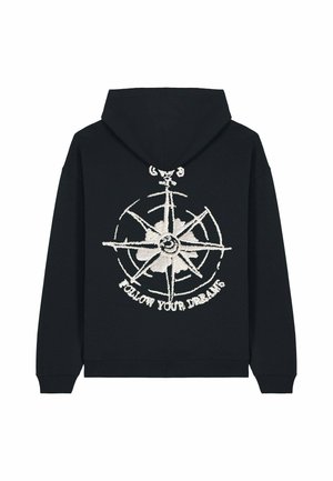 Felpa nera con cappuccio, caratterizzata da un design di una bussola ricamato in bianco e la scritta "SEGUI I TUOI SOGNI" sul retro. Materiale morbido, vestibilità comoda.