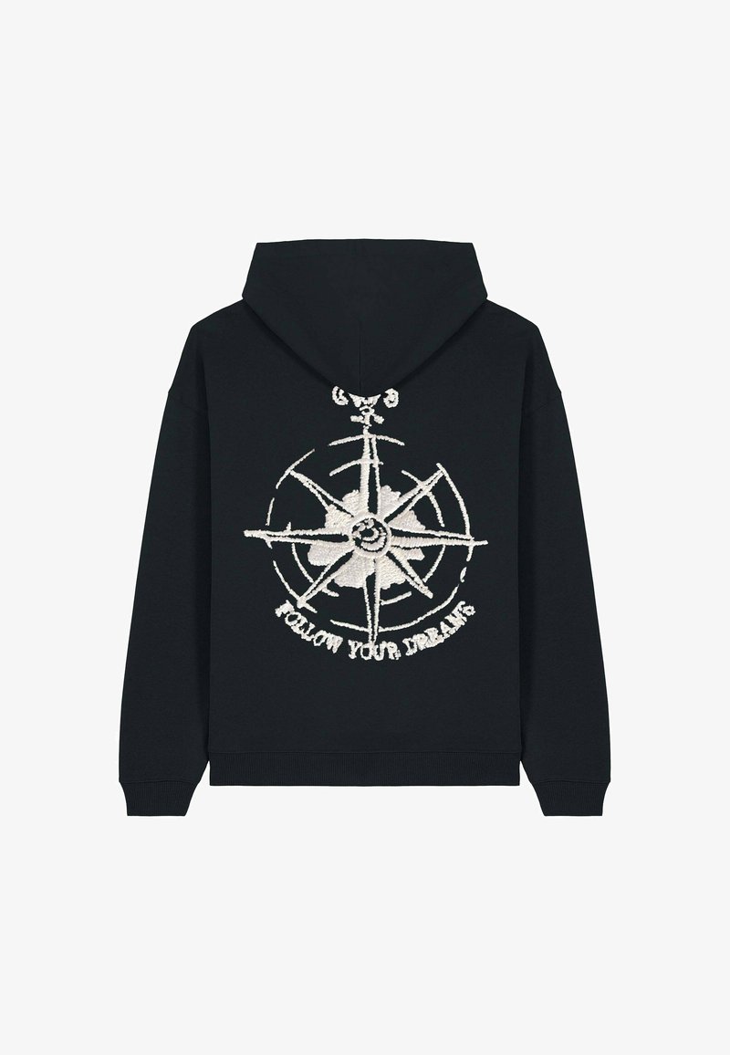 Haut à capuche noir avec un design de compas brodé blanc et le texte "SUIVEZ VOS RÊVES" au dos. Matière douce, coupe décontractée.