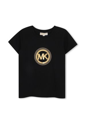 T-shirt noir à manches courtes avec un logo MK doré entouré de deux cercles de points dorés centré sur le devant.