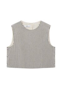 Trägerloses Crop-Top in Creme und dunkelgrauen vertikalen Streifen. Mit rundem Halsausschnitt und Knopfdetails an der Seite. Baumwollstoff.
