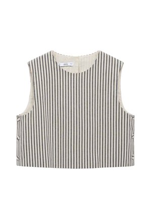 Trägerloses Crop-Top in Creme und dunkelgrauen vertikalen Streifen. Mit rundem Halsausschnitt und Knopfdetails an der Seite. Baumwollstoff.