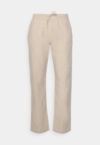 Beige lněné kalhoty rovného střihu se zakládáním na gumu a šňůrku, přední kapsy a volný střih.
