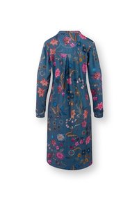 Floral-patterned dress in blue fabric, long sleeves, and a relaxed fit. Features vibrant embroidery of various flowers and leaves.