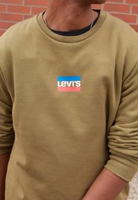 Olivově zelená mikina s kulatým výstřihem, s vícbarevným obdélníkovým logem Levi's v modré, bílé a červené. Měkká textura.