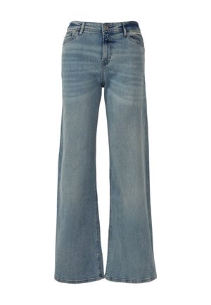 Jasnoniebieskie dżinsy o szerokich nogawkach, wykonane z denimu, z wysokim stanem, przednimi kieszeniami oraz klasycznym zapięciem na guziki z delikatnym wyblaknięciem.