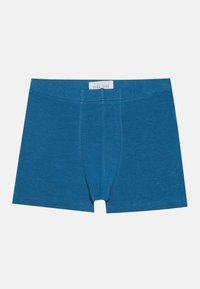 Boxeri din bumbac albastru cu un talie plată etichetată "PIER ONE." Prezintă o cusătură frontală și o textură netedă. Fără modele sau accente.