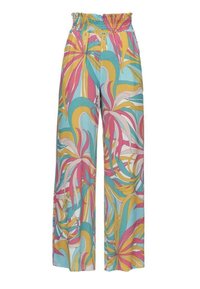 Kleurige, lichte stoffen broeken met een smocktailleband. Kenmerkt zich door een levendige tropische print in roze, geel en turquoise met wijde benen.