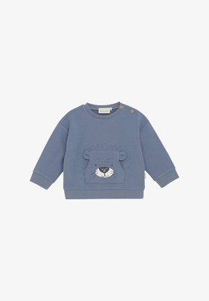 Blauwe sweatshirt met een leeuwengezicht ontwerp op de voorkant, met gestikte accenten en twee drukknoopjes op de schouder voor gemakkelijk aan- en uittrekken.