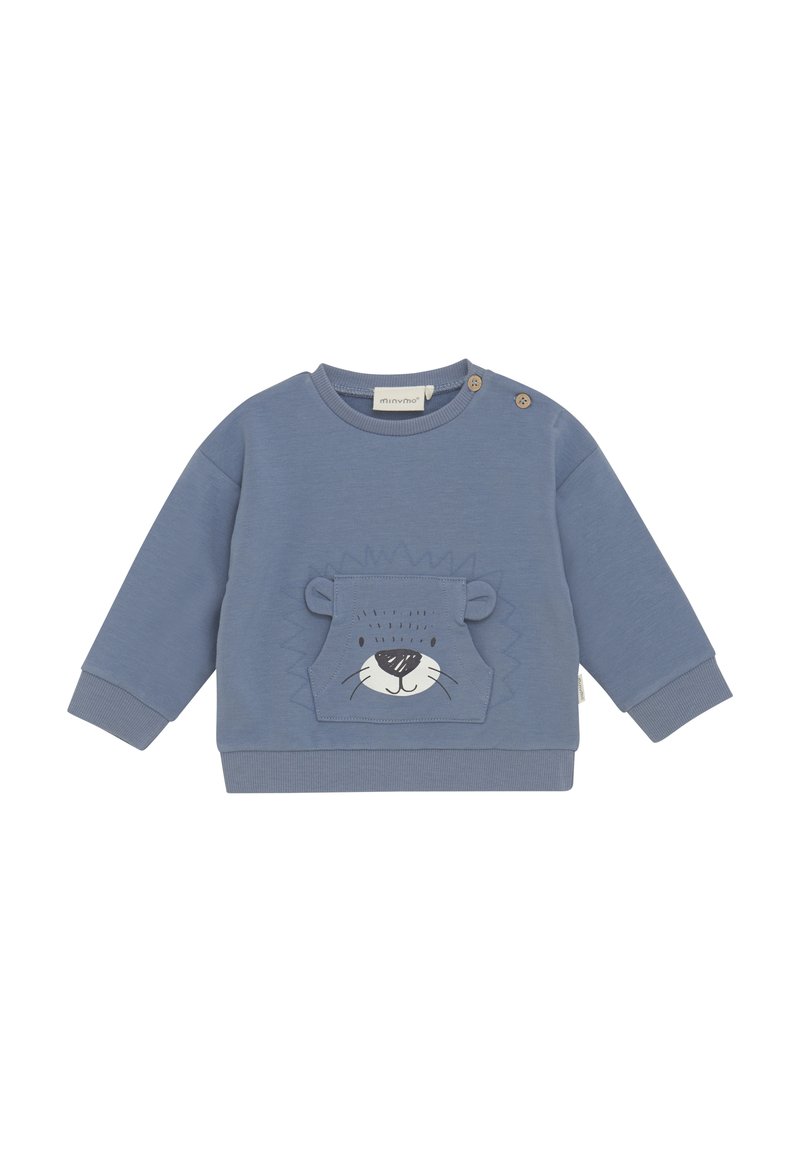 Blauer Sweatshirt mit einem Löwenkopf-Design auf der Vorderseite, mit gestickten Akzenten und zwei Druckknöpfen an der Schulter für einfachen Tragekomfort.