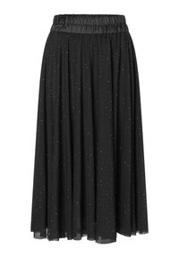 Zwarte, vloeiende rok met een ingezette, rekbare tailleband. Gemaakt van lichtgewicht materiaal, met verspreide zilveren stippen voor textuur en detail.