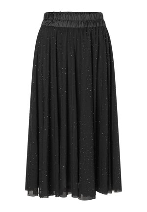 Schwarzer, fließender Rock mit einem gerafften Bund. Hergestellt aus leichtem Material und mit verstreuten silbernen Punkten für Textur und Detail.