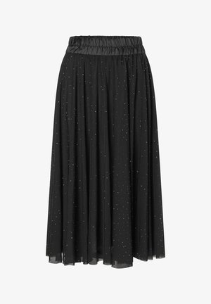 Schwarzer, fließender Rock mit einem gerafften Bund. Hergestellt aus leichtem Material und mit verstreuten silbernen Punkten für Textur und Detail.