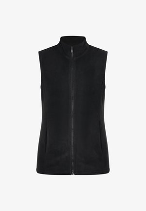 Sort fleece vest med høj krave, lynlås fortil og sidelommer. Glat tekstur, ærmeløs design og strømlinet silhuet.
