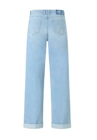 Light blue denim wide-leg jeans with a high waist, cuffed hems, and two back pockets featuring subtle stitching details.