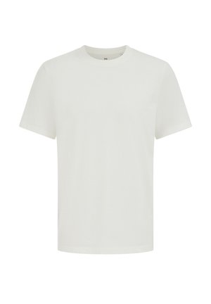 Lihtne valge, lühikeste varrukatega puuvillane T-särk paindlikuga kaelusega, valgel taustal.