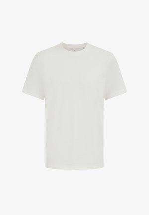 Lihtne valge, lühikeste varrukatega puuvillane T-särk paindlikuga kaelusega, valgel taustal.