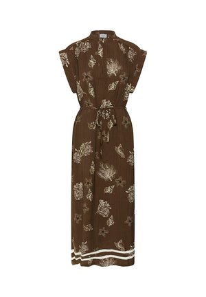 Robe longue marron à manches courtes, taille nouée, imprimés blancs de vie marine et deux bandes horizontales blanches près de l'ourlet.