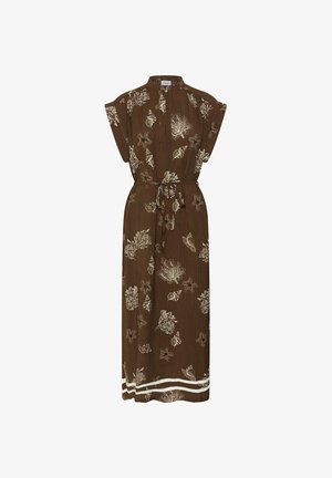 Brown maxi dress with short sleeves, tie waist, white sea life prints, and two white horizontal stripes near the hem.