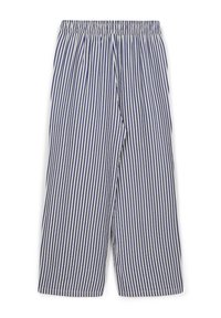 Pantalons amples à rayures bleues et blanches avec une taille élastique, présentant des rayures verticales et une texture tissée douce.