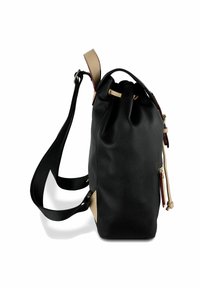 Borsa a secchiello in pelle nera con superficie testurizzata, accenti beige a contrasto, tracolla regolabile e dettaglio di chiusura con cordino.