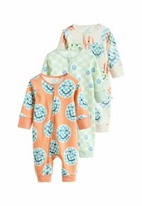 Drei farbige Babykombis: einer in Orange mit blauen Punktmustern, einer grün kariert mit lächelnden Gesichtern und einer in Creme mit verspielten Streifen.