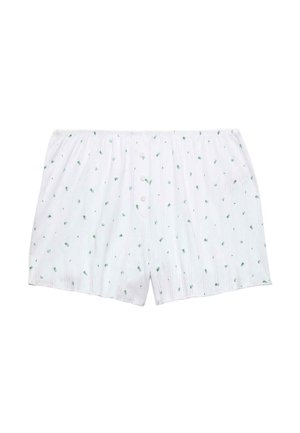 Hvide bomuld-boxershorts med lille blåt og grønt blomsterprint og knaplukning foran.