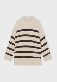 Cremfarbener, gerippter Rollkragenpullover mit dunkelbraunen horizontalen Streifen. Verfügt über lange Ärmel und eine lockere Passform. Weicher, strukturierter Stoff.