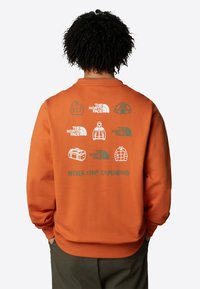 Orange sweatshirt med olika logotyper från The North Face på baksidan. Texten lyder "NEVER STOP EXPLORING" i grönt. Mjuk, strukturerad textil.